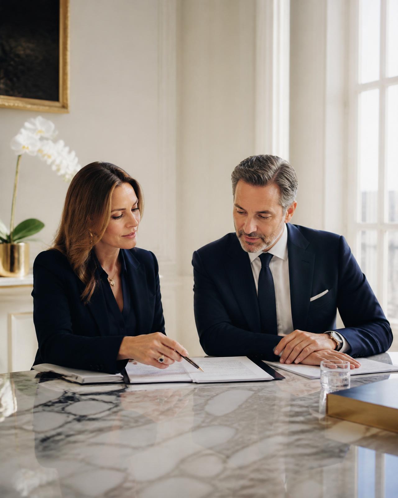 Two Keystone Governance senior consultants reviewing a compliance report at a marble table in a heritage London office.