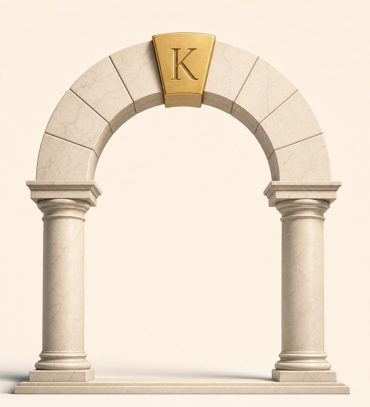 Keystone Governance emblem — a classical marble arch with a brushed gold keystone engraved with the letter K.